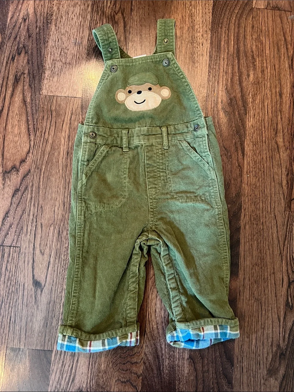 Gymboree Olive Green Corduroy Overalls with Monkey Appliqué & flannel lined cuff